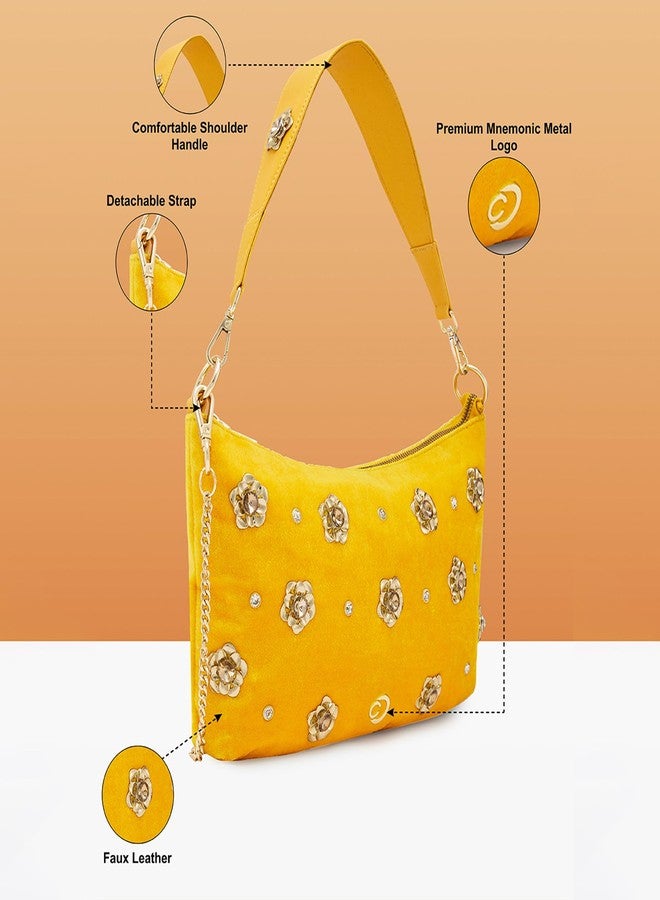 كابريس حقيبة كابريس سافاير الصغيرة للنساء | حقيبة كتف مخملية مطرزة مزينة بأزهار معدنية وسلسلة قابلة للفصل | مثالية للمناسبات الاحتفالية (أصفر) - Image 3